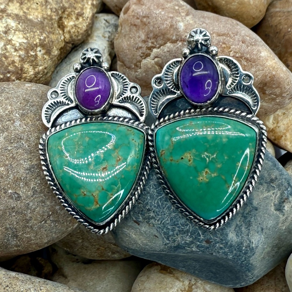 Native American Sterling Silver Turquoise & Amethyst Earrings “Revé” – 22.64g - Picture 4 of 17